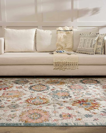 BoutiqueRugs Twilight Boho Vintage Colorful Area Rug - Farmhouse Traditional Floral Pink Carpet for Living Room, Bedroom - Cream, Green, Sage, Red, Gray, Taupe, Pink - 5'3" x 7' (5x7)
