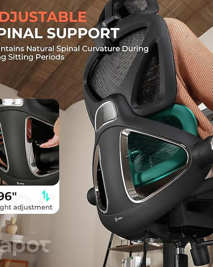 CAPOT Ergonomic Mesh Office Chair, Adjustable Lumbar High Back Desk Chair 400lbs, 4D Flip-up Arms, 3-Level Tilt Backrest, 3D Headrest, PU Wheels, Swivel Rolling Computer Seating for Long Desk Work