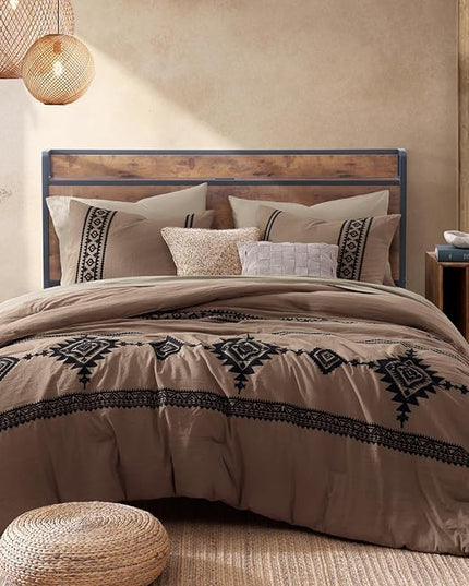 MaiRêve Embroidery Comforter Set, Boho Farmhouse Western Bedding Set, All Season Bed in A Bag Comforter Set with Sheets, Pillowcases & Shams, Brown King 7 Pieces