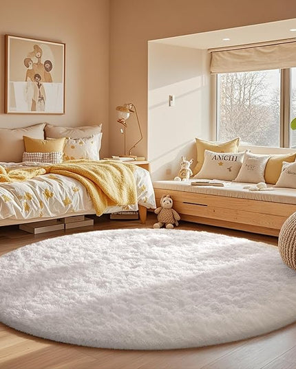 Ophanie Round Rug 5Ft White Circle Area Rug, Aesthetic Room Decor, Fluffy Fuzzy Bedroom Carpet, Plush Soft Shaggy Living Room Rugs for Kids Home Decor, Nursery