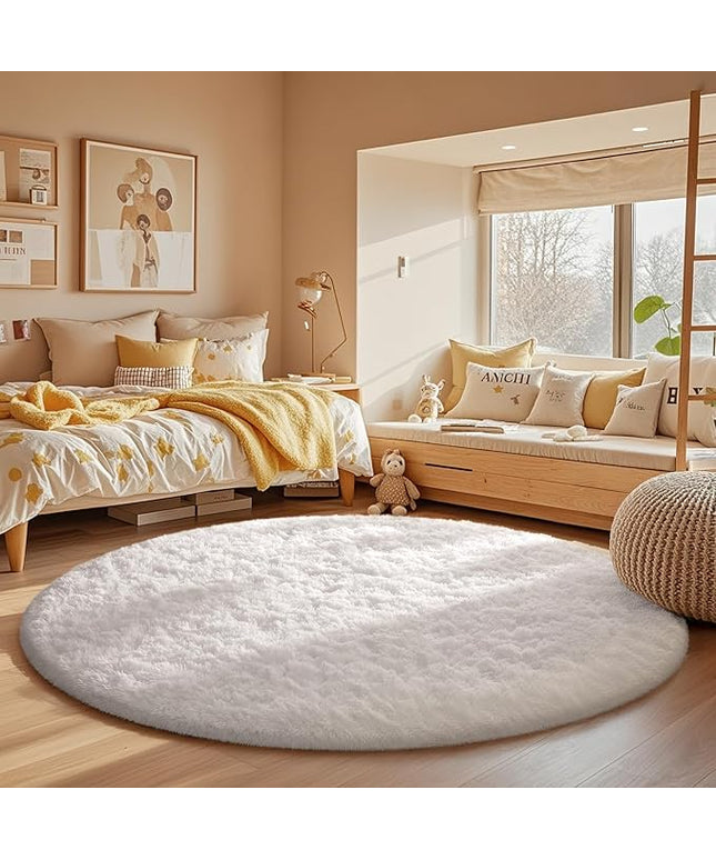 Ophanie Round Rug 5Ft White Circle Area Rug, Aesthetic Room Decor, Fluffy Fuzzy Bedroom Carpet, Plush Soft Shaggy Living Room Rugs for Kids Home Decor, Nursery