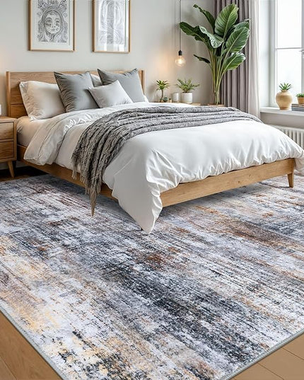 IOHOUZE Abstract Area Rugs 9x12 Ft Washable Large Rugs for Living Room, Non Slip Dining Room Rug, Printed Faux Wool Rugs for Bedroom, Floor Carpet for Office Nursery Playroom, Orange Grey