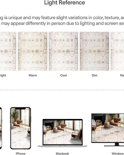 ReaLife Rugs Machine Washable Area Rug - Living Room Bedroom Bathroom Kitchen Entryway Office - Padded Low Pile Stain Resistant Premium - Boho Farmhouse Vintage - BEV - Beige 5' x 7'