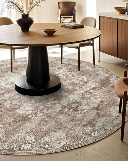 jinchan Round Rug 6ft Area Rug - Brown Vintage Floor Mat Kitchen Indoor - Washable Circle 6' Thin Floral Print Carpet Retro Farmhouse Non Slip Dining Room Living Room Bedroom Office
