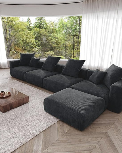 JACH 181" Oversized Modular Sectional Sofa, Deep 4-Seats Sectional Couch with Chaise Ottoman, Huge Plus Convertible Soft Sofas, Corduroy Minimalist Couches for Living Room, Office, Apartment, Black