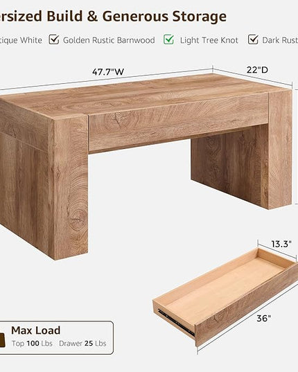 OKD 48" Modern Farmhouse Coffee Table, Wooden Living Room Table with Hidden Storage Drawer, Rustic Rectangular Center Tables w/Wood Thick Design for Living Room, Office, Light Knotty Wood