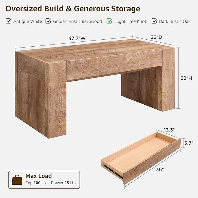 OKD 48" Modern Farmhouse Coffee Table, Wooden Living Room Table with Hidden Storage Drawer, Rustic Rectangular Center Tables w/Wood Thick Design for Living Room, Office, Light Knotty Wood
