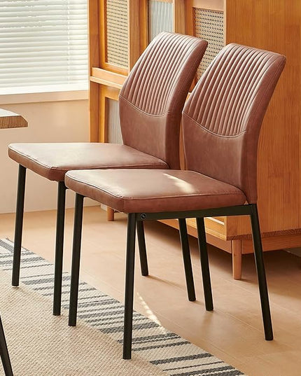 Dining Chairs Set of 2, Brown PU Leather Dining Chairs, Comfortable Upholstered Armless Kitchen Chairs with Black Metal Legs for Living Room, Dining Room, Kitchen