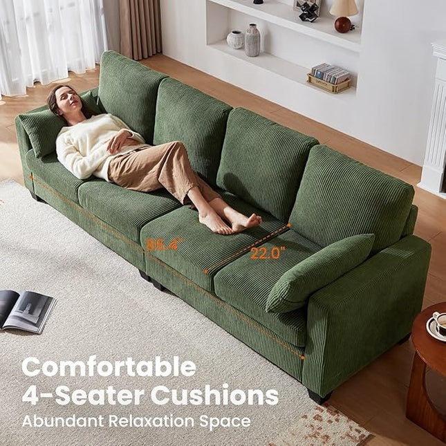 CHIC HOUSE Corduroy Modular Sectional Couch with Ottoman Chaise, L/U Shaped Sleeper Sofa for Living Room, Apartment, Lounge, Modern Armrest Neck Support Furniture (5 Seater Sectional, Green)