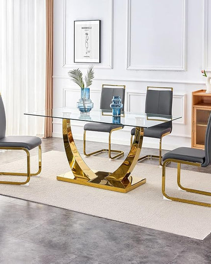 63” Glass Dining Table Set for 4,Gold Dining Room Table Set for 4,Modern Kitchen Table and PU Leather Chairs for 4, Dinner Table with Rectangle Tempered Glass Top and Golden Base