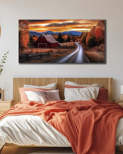 JuhaiArt Large Natural Wall Art Landscape Canvas Decor Fall Canvas Picture for Living Room Bedroom Red Barn Farmhouse Artwork 29" x 59"
