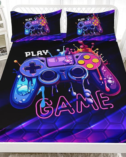 AILONEN Gamer Fitted Sheet Set Twin XL Size, Gaming Bed Sheet Set,Honeycomb Hexagon Games Sheets Set,Teen Boys Gamepad Bed Sheet Sets 3 Pieces, 1 Fitted Sheet and 2 Pillowcases