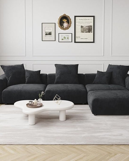 JACH Modern Corduroy Sectional Couch, Modular Sectional Sofa with Chaise Ottoman, Cushion Covers Removable, Oversized Deep Seat Soft Couches for Living Room, Office (Black)