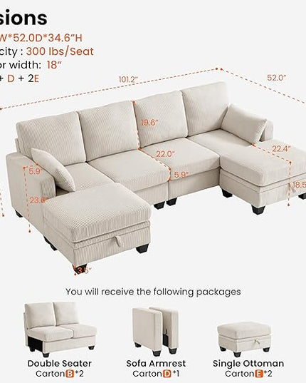 CHIC HOUSE Corduroy Modular Sectional Couch with Ottoman Chaise, L/U Shaped Sleeper Sofa for Living Room, Apartment, Lounge, Modern Armrest Neck Support Furniture (6 Seater Sectional, Beige)
