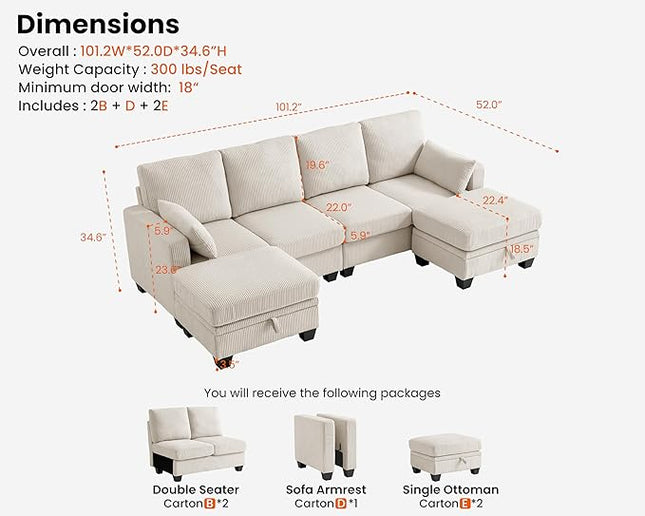 CHIC HOUSE Corduroy Modular Sectional Couch with Ottoman Chaise, L/U Shaped Sleeper Sofa for Living Room, Apartment, Lounge, Modern Armrest Neck Support Furniture (6 Seater Sectional, Beige)