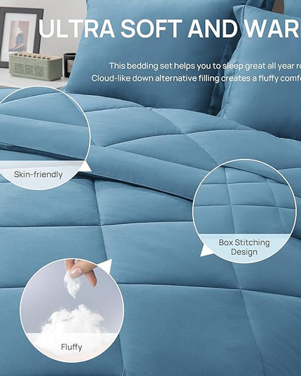 Love's cabin Queen Comforter Set Misty Blue, 7 Pieces Queen Bed in a Bag, All Season Bedding Sets with 1 Comforter, 1 Flat Sheet, 1 Fitted Sheet, 2 Pillowcase and 2 Pillow Sham