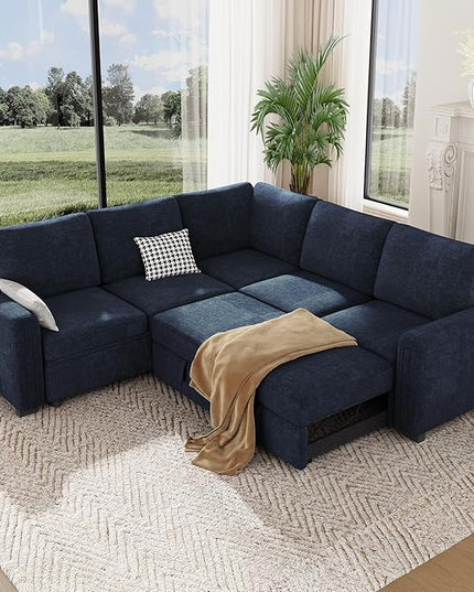 Vesgantti 88.4" Sleeper Sectional Couch with Pull Out Bed, 5 Seater L Shaped Modular Sectional Sofa with Storage, Comfy Chenille Modular Sofa for Living Room, Bedroom, Apartment, Blue