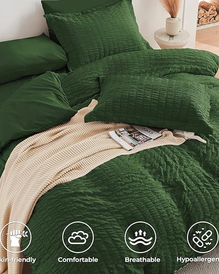 HYMOKEGE Dark Green Queen Comforter Set Seersucker 7 Pieces, All Season Luxury Bed in a Bag for Bedroom, Bedding Set with Comforters, Sheets, Pillowcases & Shams