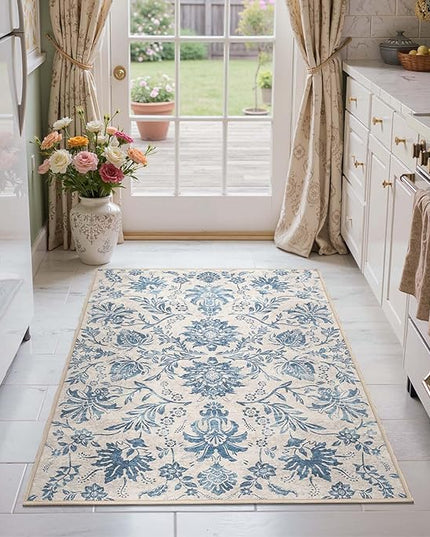 jinchan Torino 3x5 Area Rugs for Entryway, Vintage-Inspired Floral Design Machine Washable Non-Slip Low-Pile Rug, Ultra-Thin Indoor Traditional Accent Carpet for Entrance Bedroom Hallway, Dark Blue