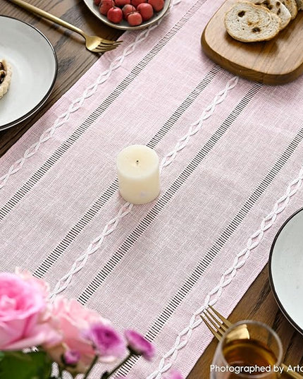 Artoid Mode Pink Rustic Cotton Linen Table Runner, Seasonal Embroidered Hollow Kitchen Dining Table Decoration for Home Party Decor 13x108 Inch