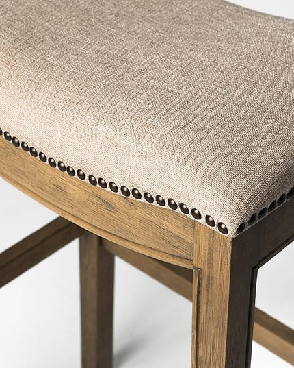 Maven Lane Adrien Backless Bar Stool – Set of 3 – 31 Inch Saddle Seat with Footrest – Natural Solid Wood Frame & Natural Fabric Upholstery – Ideal for Bars, Pub Tables & Tall Kitchen Counters