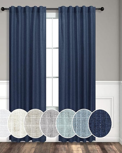 Navy Curtains 38 Inch Wide for Living Room 2 Panels Set Back Tab Rod Pocket Light Filtering Semi Sheer Linen Skinny Small Dark Blue Curtain for Windows Bedroom Closet Doors Nautical Width 38 x 96 Long
