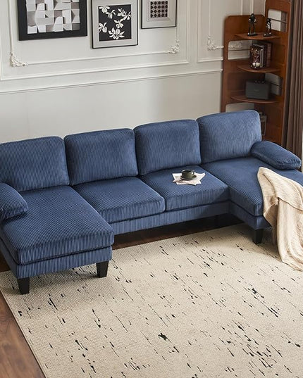 VINGLI 110" Sectional Couches for Living Room,U Shaped Couch with Double Chaise, 4-Seat Sofa Set with Corduroy Fabric for Home Furniture,Ocean Blue