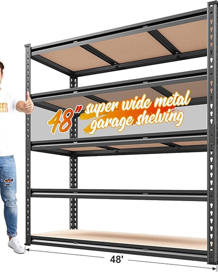 REIBII 48" W Garage Shelving 3020LBS Storage Shelves 5 Tier Heavy Duty Shelving Adjustable Garage Shelves for Basement, Warehouse, Commercial, Easy Assemble, 48" W x 72" H x 24" D