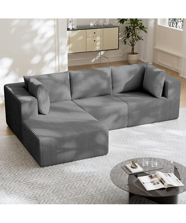 108" Boneless Couches for Living Room, Modular Cloud Couch Sofa - L Shap Corduroy Sectional Sofa, Fluffy Memory Foam Sleeper Sofa Furniture, No Assembly, Wide Armrest, Grey