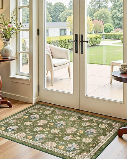 jinchan Elora 3x5 Floral Rug for Entryway Washable Kitchen Rug Vintage Romance Design Christmas Small Mat Non Slip Indoor Doormat Lightweight Low-Profile Throw Carpet for Entrance Bathroom, Green