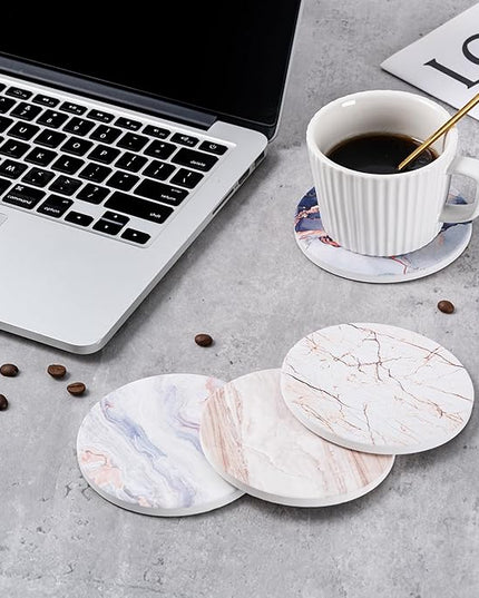 Hoewina 6Pcs Drink Coasters with Holder, Marble Style Ceramic Drink Coaster, Absorbent Coasters Set Suitable for Kinds of Cups, Modern Style Coasters for Coffee Table, 4 Inches（Cloud Style）