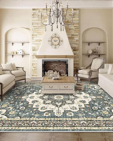 Washable Oriental Area Rug - 9x12 Rugs for Living Room Soft Carpet for Bedroom Waterproof Floral Distressed Indoor Stain Resistant Non-Shedding Floor Carpets (Blue, 9x12)