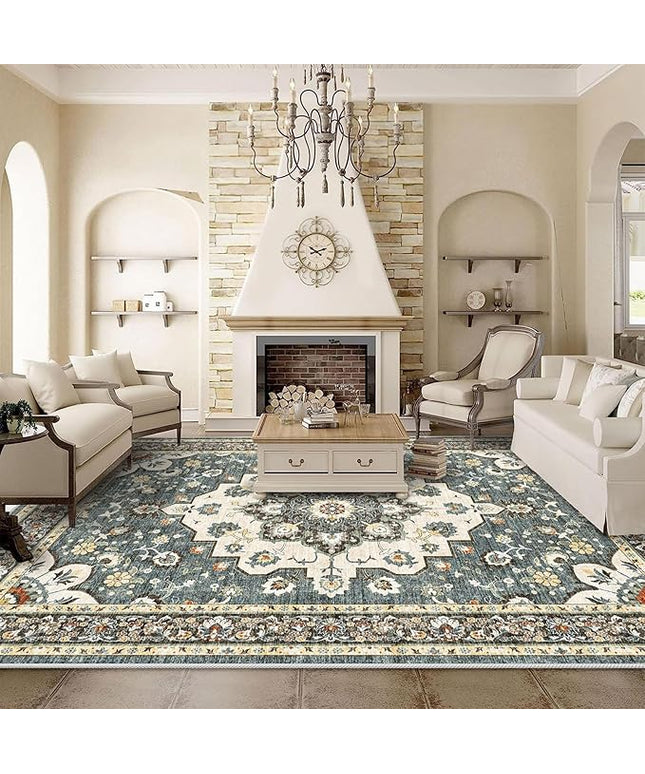 Washable Oriental Area Rug - 10x12 Rugs for Living Room Soft Carpet for Bedroom Waterproof Floral Distressed Indoor Stain Resistant Non-Shedding Floor Carpets (Blue, 10x12)
