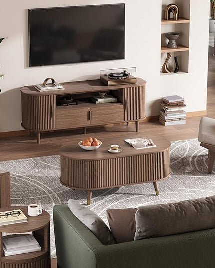 Oval Coffee Table with Storage, 42.5” Fluted Coffee Table with Lifting Top & Solid Wood Legs, Mid Century Modern Center Table for Living Room, Home Office, Walnut