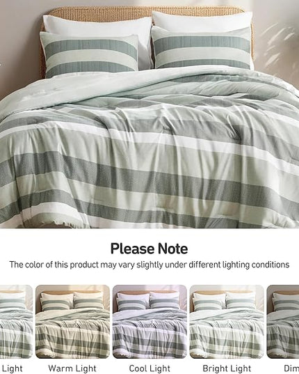 Queen Comforter Set, 3 Pieces Striped Bed Set, Soft Brushed Microfiber Reversible Bedding Set for All Season, Lightweight & Breathable Bedding Set with Comforter & Shams, Sage Green