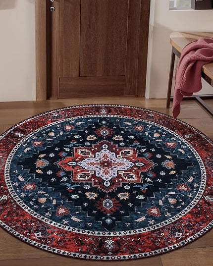 Ciicool Boho Area Rug 4x4ft Round Washable Bedroom Non-Slip Vintage Entryway Throw Low-Pile Indoor Carpet for Living Room Foyer