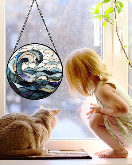 Stained Glass Window Hanging, Ocean Waves Sun Catchers Diamond Glass Panel Hangings Abstract Suncatcher Decor for Birthday for Women, Men, Wife, Aunt, and Mom 9.8 in
