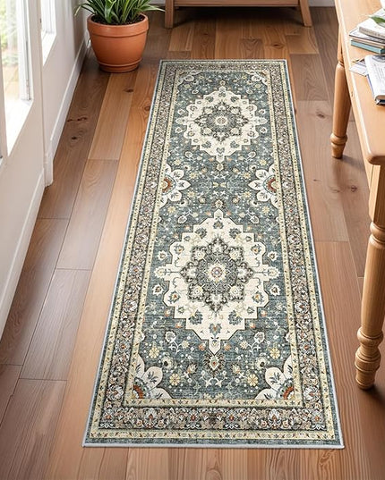 Washable Oriental Hallway Runner Rug - 2x6 Rugs for Living Room Soft Carpet for Bedroom Kitchen Waterproof Floral Distressed Indoor Stain Resistant Non-Shedding Floor Carpets (Blue, 2X6)