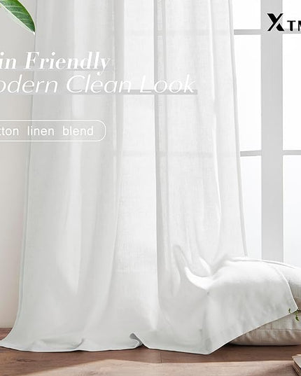 XTMYI 70 Inch Wide White Back Tab/Hook Belt Linen Cotton Sheer Curtains for Bedroom,2 Panels,96 Inch Length