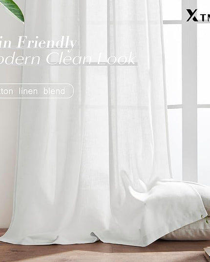 XTMYI White Curtains 84 Inches Long,Linen Semi Sheer Boho Light Filtering Textured Farmhouse Cotton Curtains for Bedroom Living Room 2 Panels Set,Back Tab Hooks Pleated