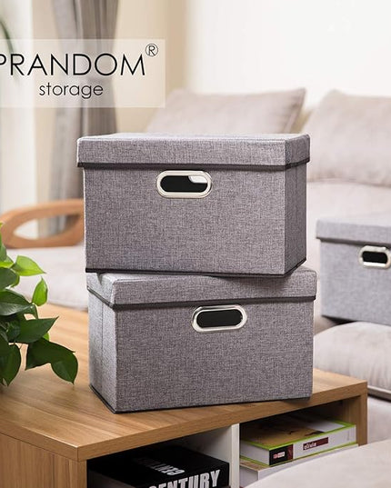 PRANDOM Foldable Storage Boxes with Lids [3-Pack] Linen Fabric Collapsible Storage Bins Organizer Containers Baskets Cube with Cover for Home Bedroom Closet Office Nursery (14.9x9.8x9.8)