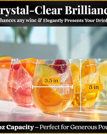 Improved Design of Our 2017 New York Times Best Stemless Glass – Set of 6 European-Made Stemless Wine Glasses, Reinforced Base for Added Stability & Premium Feel, Dishwasher-Safe, Lead-Free, 17 oz.