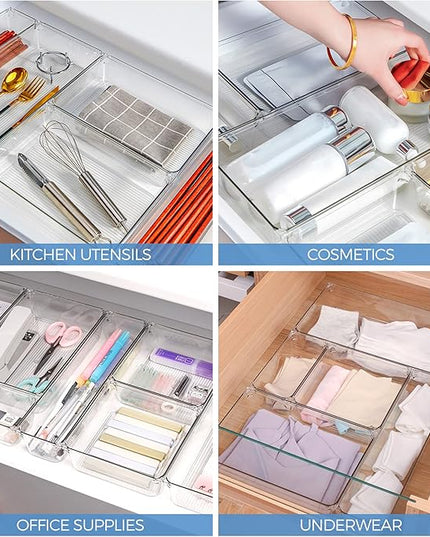 Ravinte 28 PCS Drawer Organizer Plastic Storage Bins, 4 - Size Kitchen Drawer Organizer with Non-Slip Pads Clear Desk Storage Tray for Makeup, Jewelries, Kitchen Utensils and Office