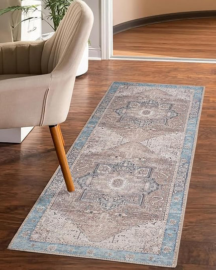 GLN Rugs Traditional Collection - Machine Washable Area Rug, Traditional Washable, Non Slip, Low Pile Chenille Rug, Living Room, Bedroom, Kitchen Rug (2'6"x7' Brown/Blue)