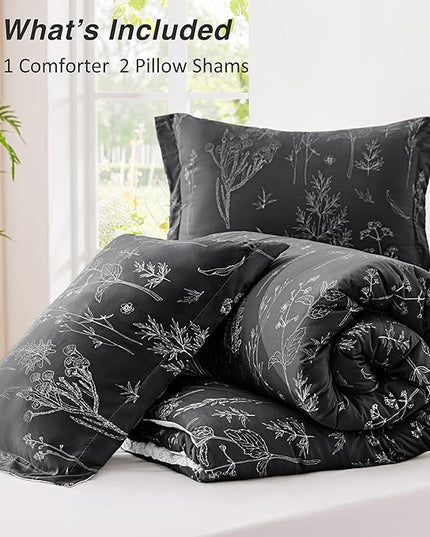 Love's cabin Black Queen Comforter Set - Queen Size Comforter Set, 3 Pieces Cute Floral Bedding Sets for All Seasons,1 Soft Reversible Botanical Flowers Comforter and 2 Pillow Shams