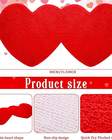 Hoolerry Valentines Heart Rug Double Heart Shaped Bathroom Rug Decorative Non Slip Doormat Washable Love Shag Shower Mat Home Bedroom Living Room 15.75 x 31.5 Inch(Red)