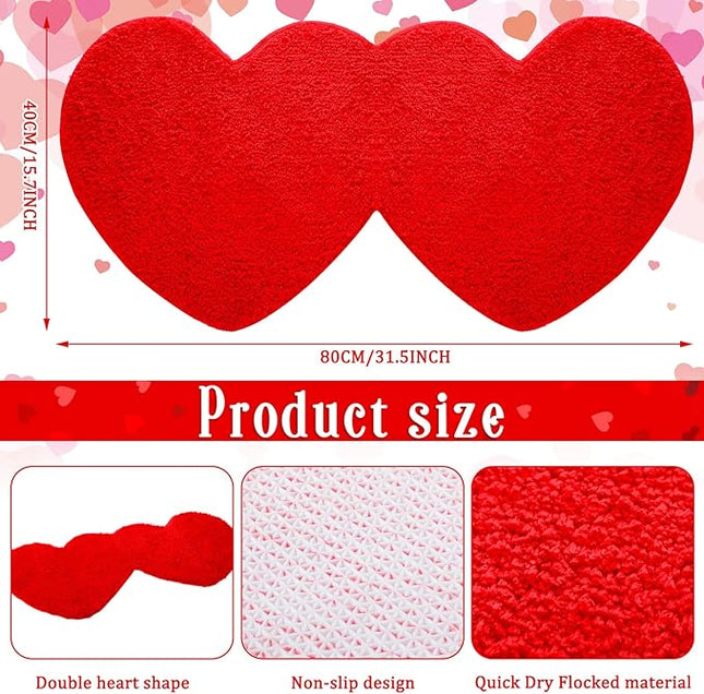 Hoolerry Valentines Heart Rug Double Heart Shaped Bathroom Rug Decorative Non Slip Doormat Washable Love Shag Shower Mat Home Bedroom Living Room 15.75 x 31.5 Inch(Red)