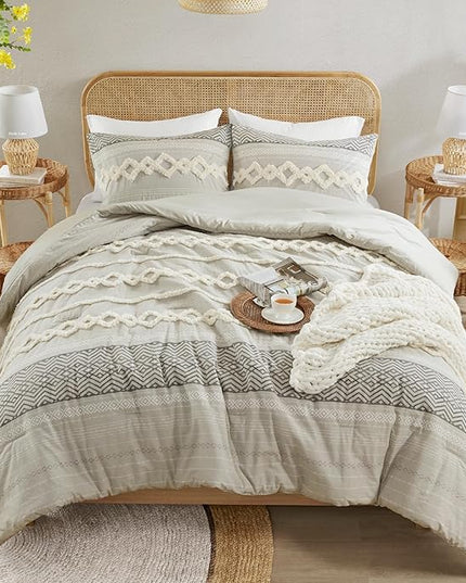 Hyde Lane Farmhouse Comforter Set Gray, Full/Queen Size Boho Bedding Sets, Cotton Top with Modern Neutral Style Clipped Jacquard Stripes, 3-Pieces Including Matching Pillow Shams (90x90 inches)