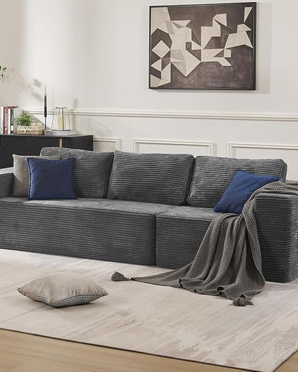 106" 3-Seater Sofa, Cloud Modular Sofa with Certified Foam, Upholstered Floor Sofa with Deep Seat, Upholstered Sofa for Bedroom Living Room, No Assembly Required (Plush Corduroy Fabric, Grey)
