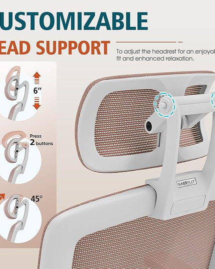 GABRYLLY Ergonomic Office Chair, High Back Home Desk Chair with Headrest, Flip-Up Arms, 90-120° Tilt Lock and Wide Cushion, 400LBS Mesh Chairs for Man Woman, White Task Chair(Pink,GY01WPK)